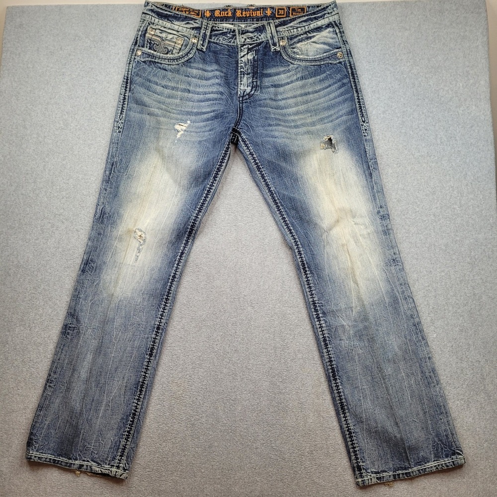 Rock Revival Tim Straight Mens 38x34 Blue Distressed Heavy Stitch Denim Jeans